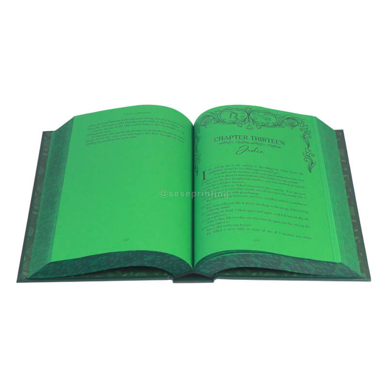 Green Colored Paper Hardback Book with Foil Cover, Sprayed Edges, Custom End Papers