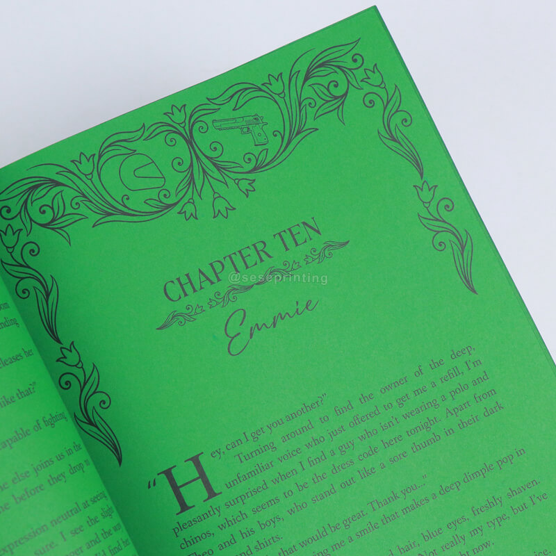 Green Colored Paper Hardback Book with Foil Cover, Sprayed Edges, Custom End Papers
