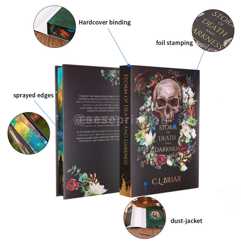 Dark Romance Novel with Foil Dust Jackets, Colored Art Endpages, and Sprayed Edges