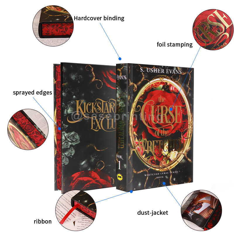 Custom Hardcover Printing Full Colour Reversible Dust Jacket, Foiled Cover, Sprayed Edges, Ribbon Bookmark