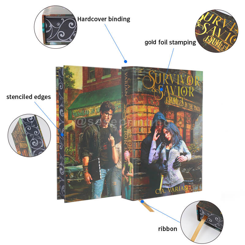 Gold Foil Hardcover Book with White Text on Black Pages, Black Patterned Edges, Endpapers, Ribbon Bookmark