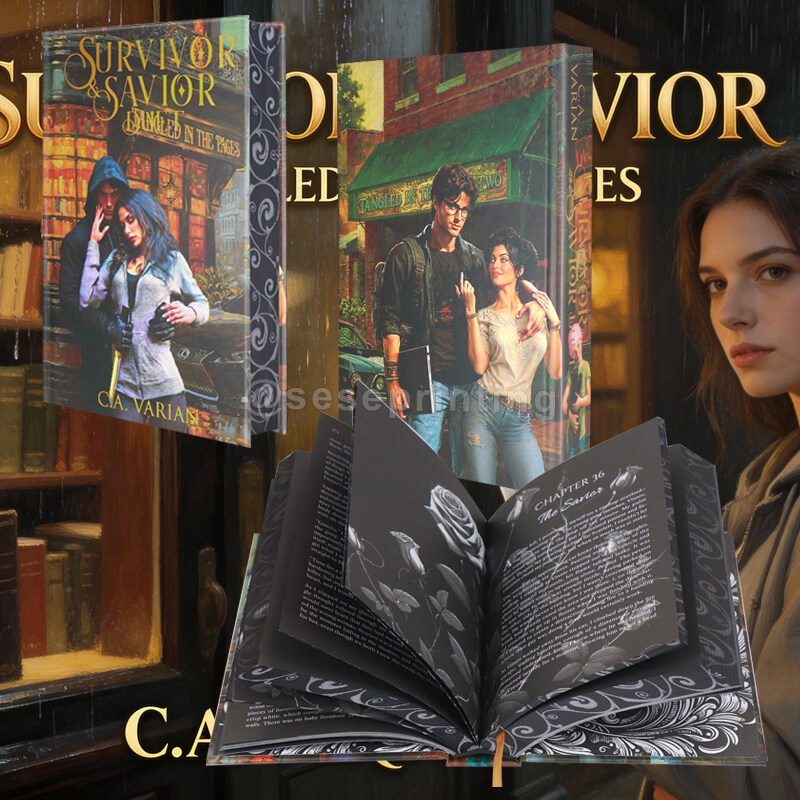 Gold Foil Hardcover Book with White Text on Black Pages, Black Patterned Edges, Endpapers, Ribbon Bookmark