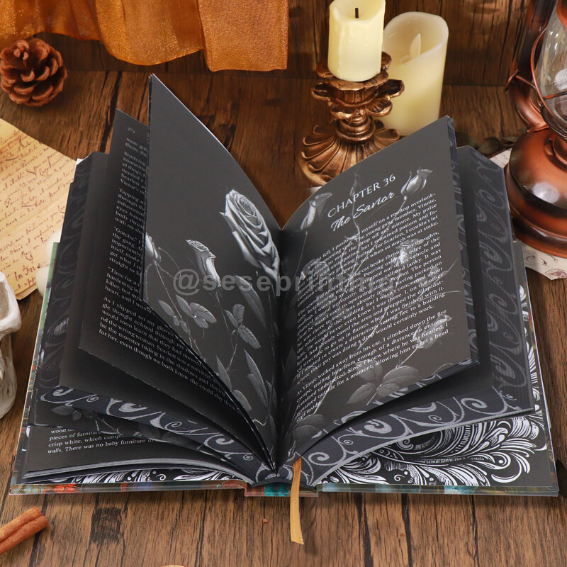Gold Foil Hardcover Book with White Text on Black Pages, Black Patterned Edges, Endpapers, Ribbon Bookmark