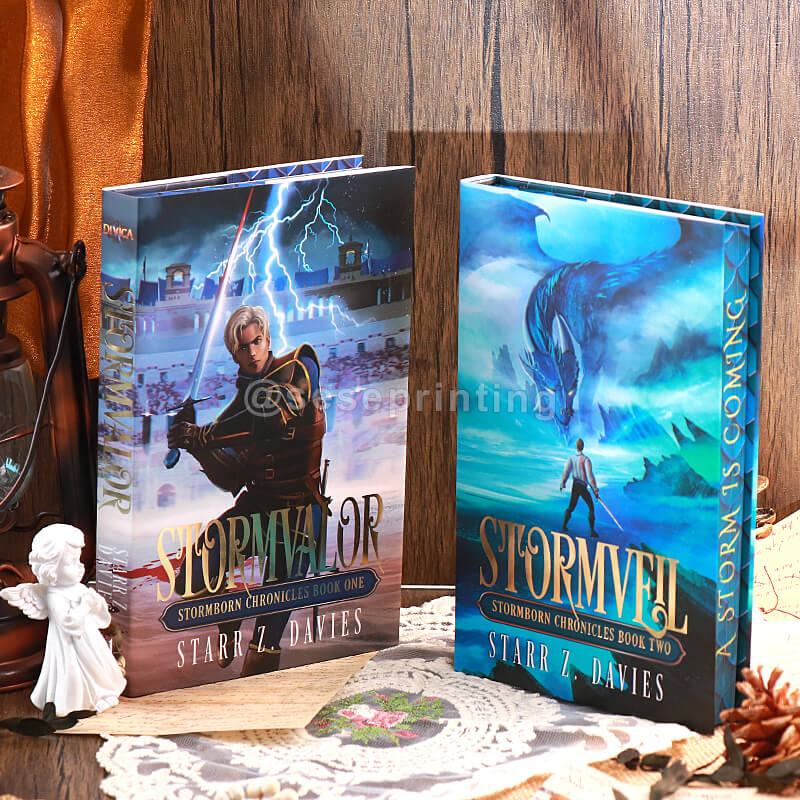 Custom Books Series Printed Hardcover with a Dust Jacket, Custom Endpapers and Stenciled Edges