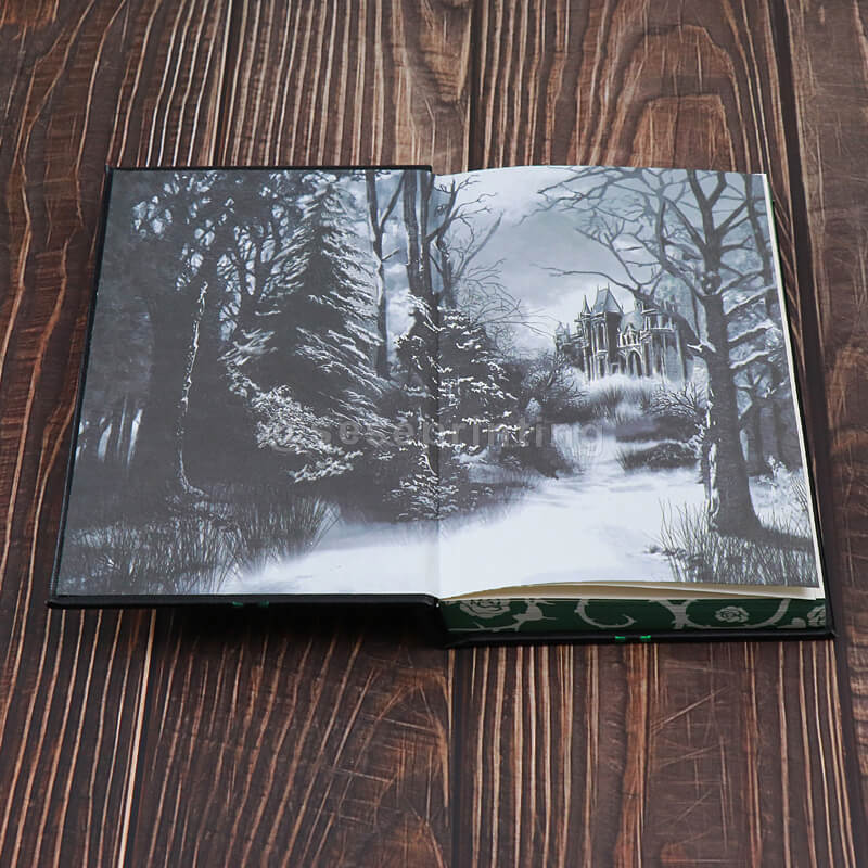 Leather Hardcover Book with Foil Stamping on Front Cover and Spine, Sprayed Edges, Printed Colored Endsheets