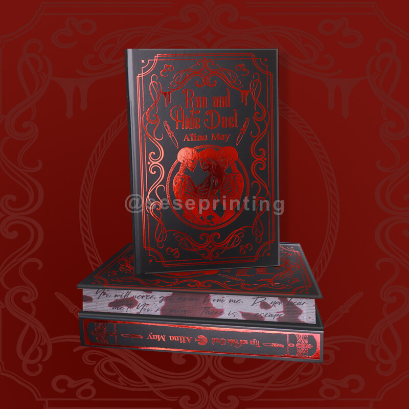Black Pages with White Text Hardcover Fiction with Foiling Cover, Sprayed Edges, Endpapers