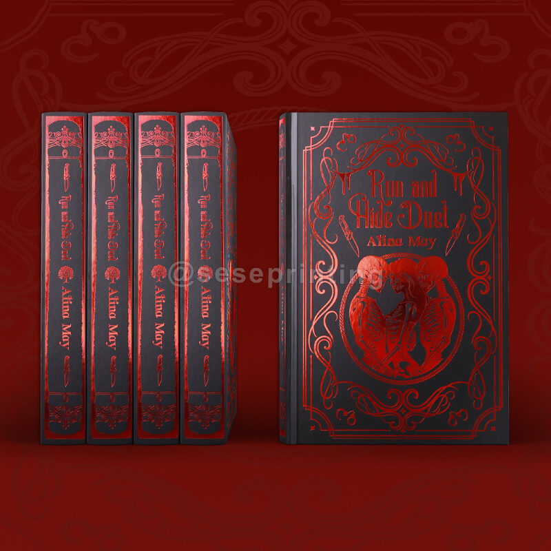 Black Pages with White Text Hardcover Fiction with Foiling Cover, Sprayed Edges, Endpapers
