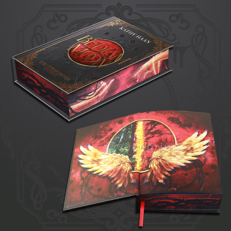 Foil & Spot UV on Hardcover Book with Sprayed Edges, Custom Printed Endpapers, Ribbon
