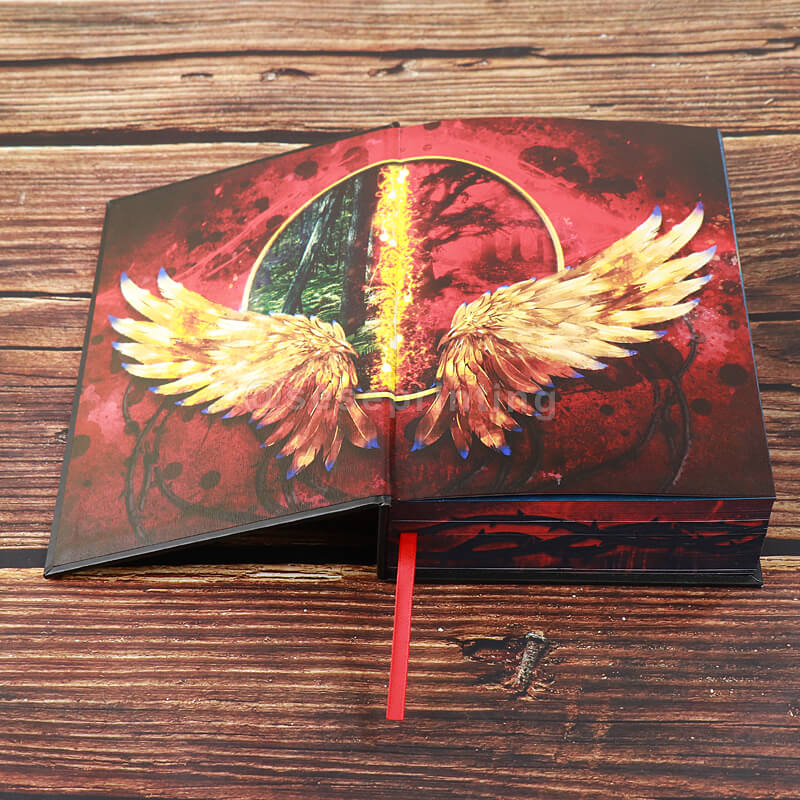 Foil & Spot UV on Hardcover Book with Sprayed Edges, Custom Printed Endpapers, Ribbon