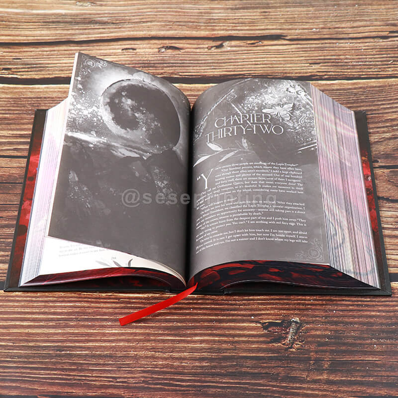 Foil & Spot UV on Hardcover Book with Sprayed Edges, Custom Printed Endpapers, Ribbon