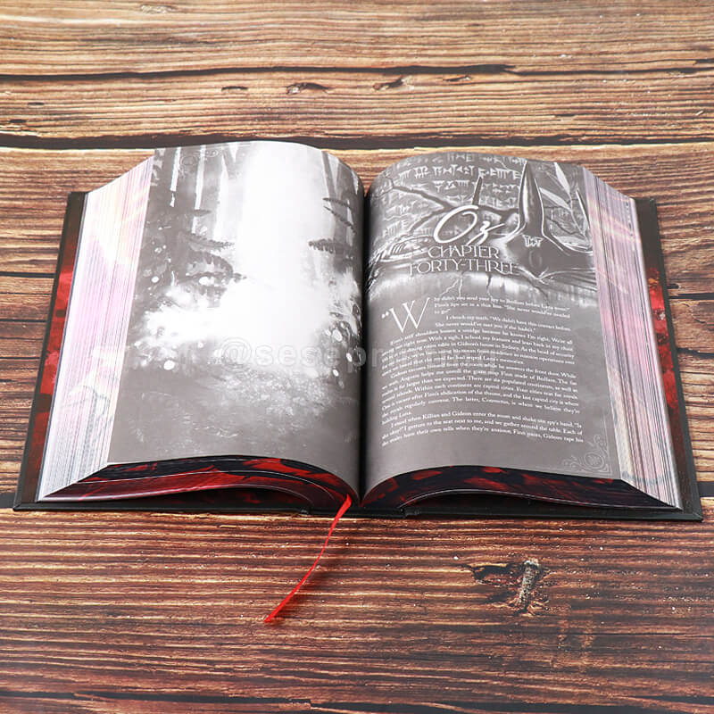 Foil & Spot UV on Hardcover Book with Sprayed Edges, Custom Printed Endpapers, Ribbon