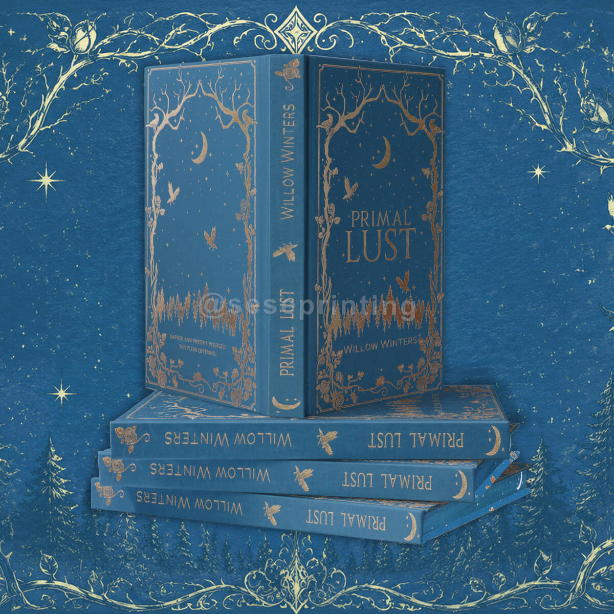 Cloth Hardcover Book with Gold Foiling on Cover, Sprayed Edges, Gold Card Paper Endsheets