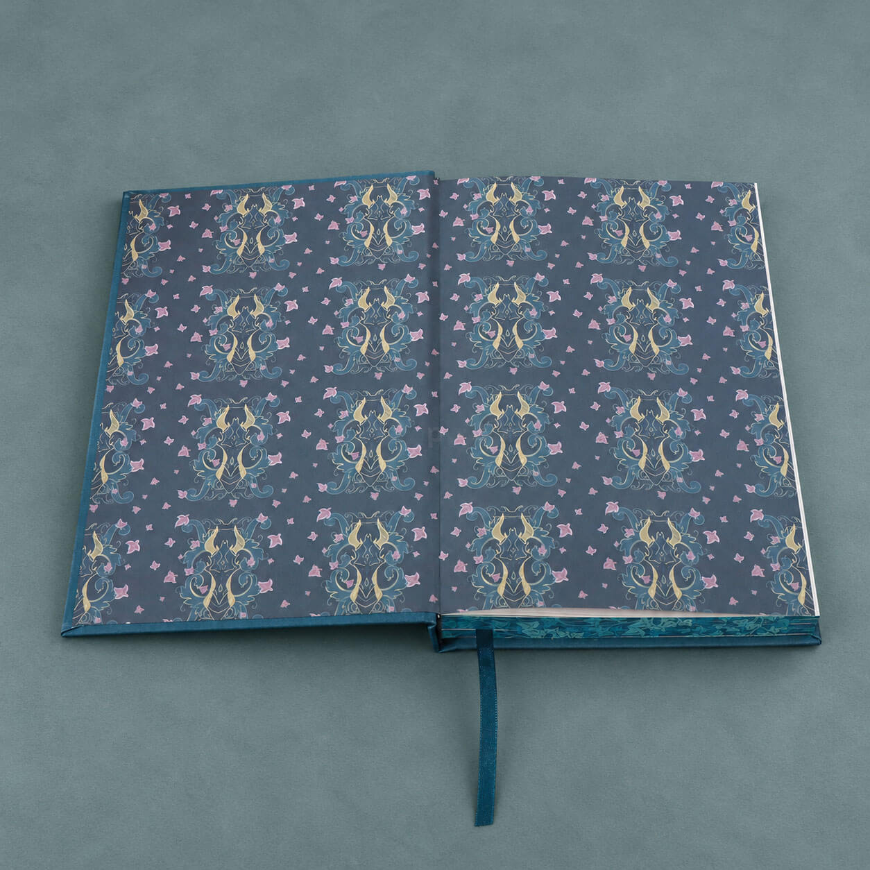 Cloth Hardcover Fantasy Book with Foil Cover, Patterned Edges and Ribbon, End Pages
