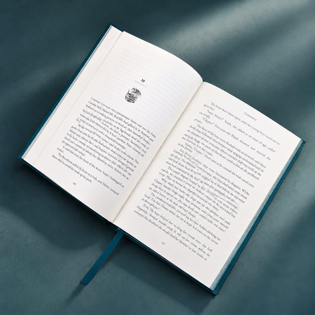 Cloth Hardcover Fantasy Book with Foil Cover, Patterned Edges and Ribbon, End Pages
